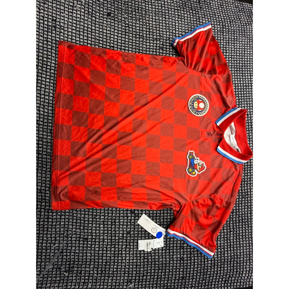 Mario Kart Polo Shirt Mens Size (L)Red Checkered New With Tags Graphic Patch